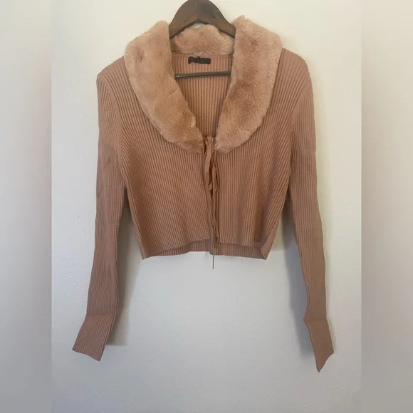 NWOT Love Tree Camel Tie-Accent Shawl Collar Cardigan - Picture 2 of 7